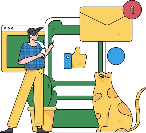 Homem olhando para notificação de e-mail de mídia social  Ilustração