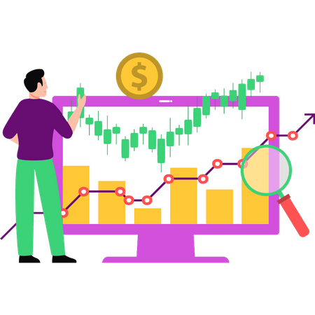 Homem olhando para o gráfico analítico do dólar  Ilustração