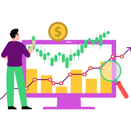 Homem olhando para o gráfico analítico do dólar  Ilustração