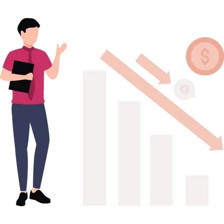 Homem olhando para o gráfico do dólar caindo  Ilustração