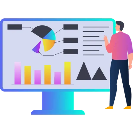 Homem olhando para o gráfico no monitor  Ilustração