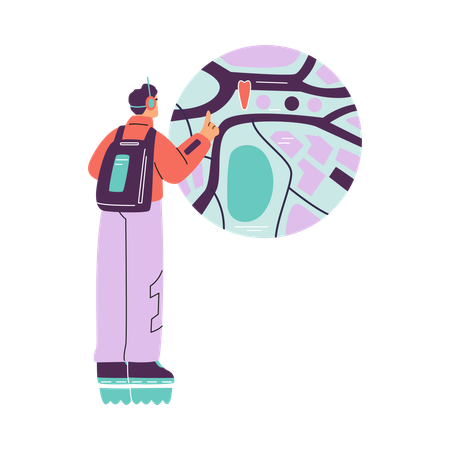 Homem olhando para a projeção de um mapa de navegação  Ilustração