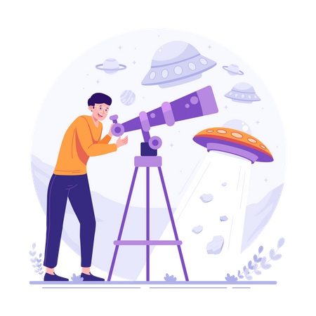 Homem olhando para OVNI com telescópio  Ilustração