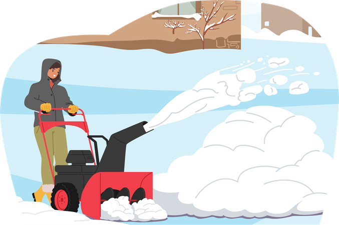 Homem opera soprador de neve no jardim da casa  Ilustração