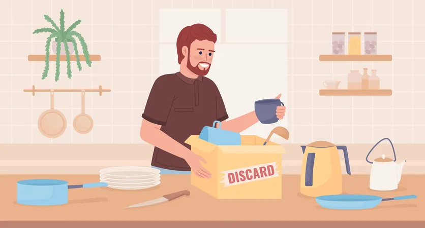 Homem organizando a bancada da cozinha  Ilustração