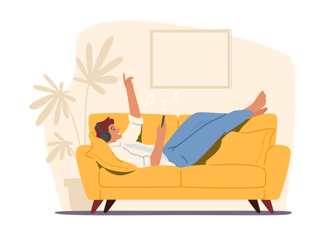 Homem ouvindo músicas enquanto dorme no sofá  Ilustração