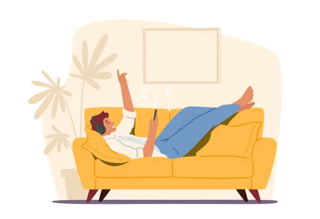 Homem ouvindo músicas enquanto dorme no sofá  Ilustração