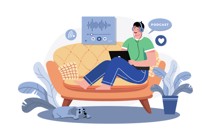 Homem ouvindo o podcast enquanto está sentado no sofá  Ilustração