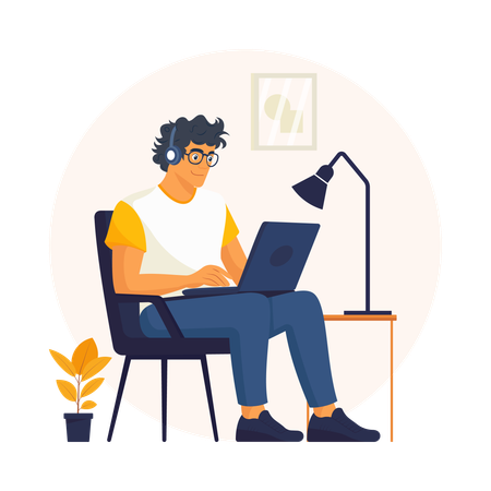 Homem ouvindo podcast de negócios no laptop  Ilustração