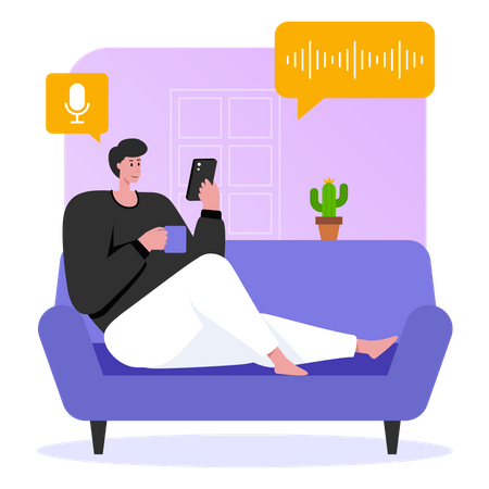 Homem ouvindo podcast enquanto está sentado no sofá  Ilustração