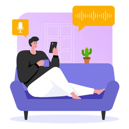 Homem ouvindo podcast enquanto está sentado no sofá  Ilustração