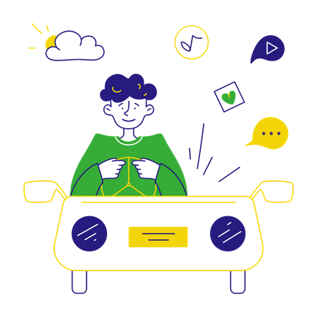 Homem ouvindo podcast no carro  Ilustração