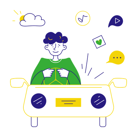 Homem ouvindo podcast no carro  Ilustração