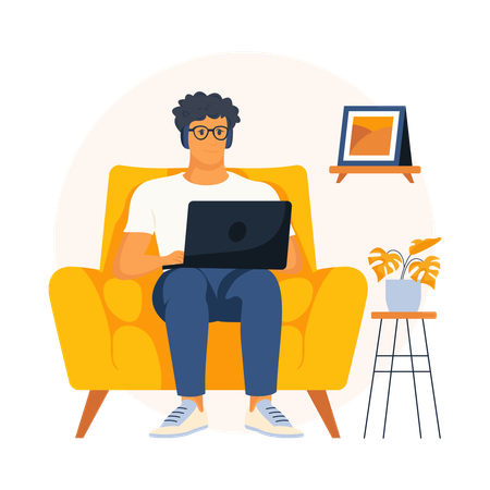Homem ouvindo podcast no laptop enquanto está sentado no sofá  Ilustração