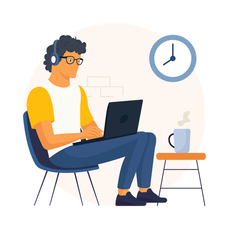 Homem ouvindo podcast no laptop  Ilustração
