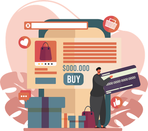 Homem pagando com cartão para compras on-line  Ilustração