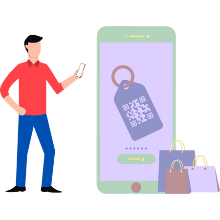 Homem pagando conta por código QR de etiqueta  Ilustração