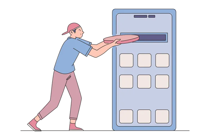 Homem pagando via criptomoeda usando aplicativo móvel  Ilustração