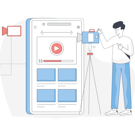 Homem fica ao lado de um telefone segurando uma câmera e se preparando para tirar uma foto  Ilustração