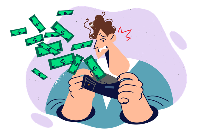 Homem olha na carteira com dinheiro voando e não consegue controlar despesas por falta de instrução financeira  Ilustração