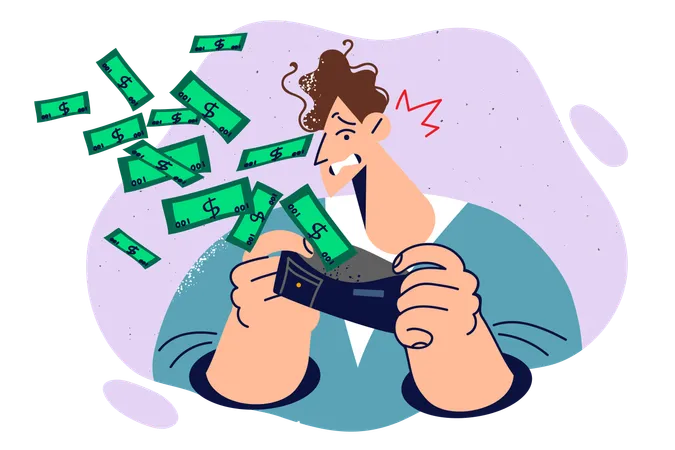 Homem olha na carteira com dinheiro voando e não consegue controlar despesas por falta de instrução financeira  Ilustração