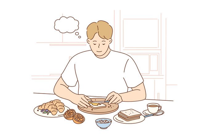 Homem espalhando manteiga no pão no café da manhã  Ilustração