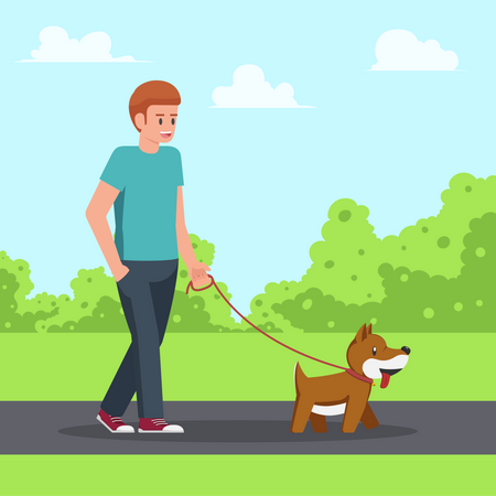 Homem andando com cachorro de estimação no parque  Ilustração