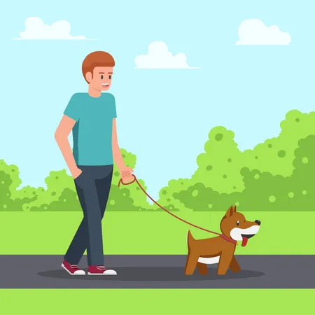 Homem Passeando Com Seu Cachorro No Jardim Vida Urbana E Conceito De Relaxamento Ilustração