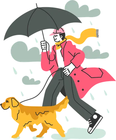 Homem andando com cachorro em tempo chuvoso  Ilustração