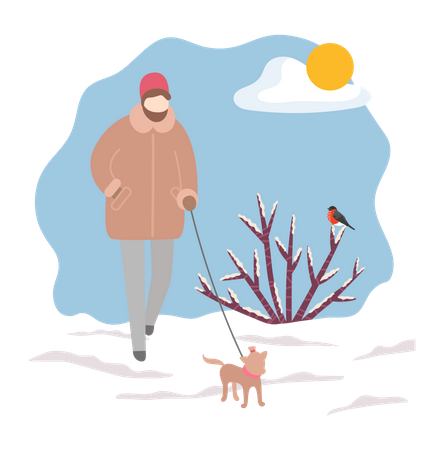 Homem andando com cachorro no inverno  Ilustração