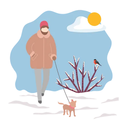 Homem andando com cachorro no inverno  Ilustração