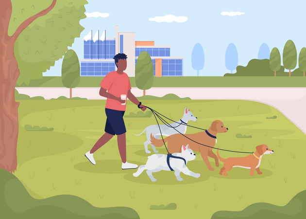 Homem passeando com cachorros no parque  Ilustração