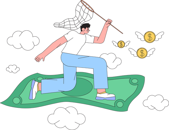 Homem monta um grande dólar de papel e pega ou ganha dinheiro com moedas voadoras  Ilustração