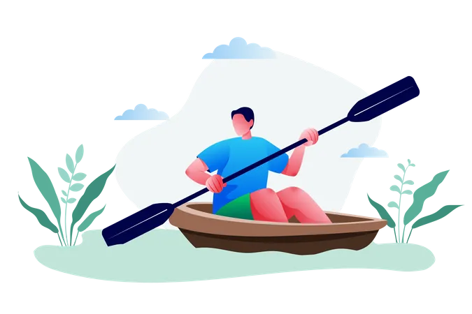 Homem andando de barco e remando  Ilustração