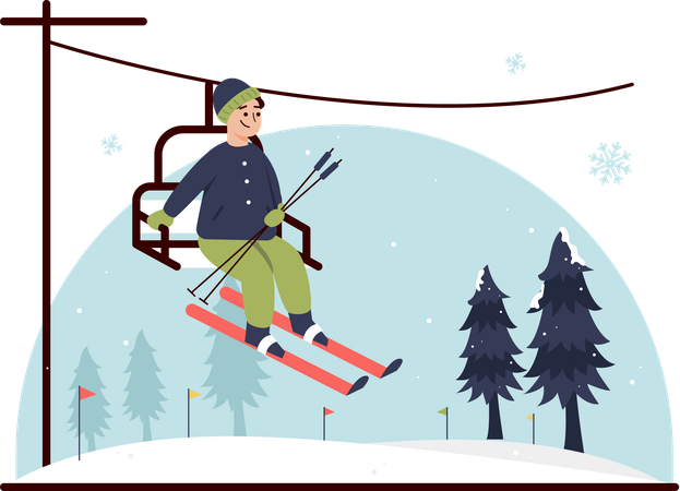 Homem anda de gôndola para esquiar  Ilustração