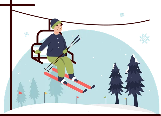 Homem anda de gôndola para esquiar  Ilustração