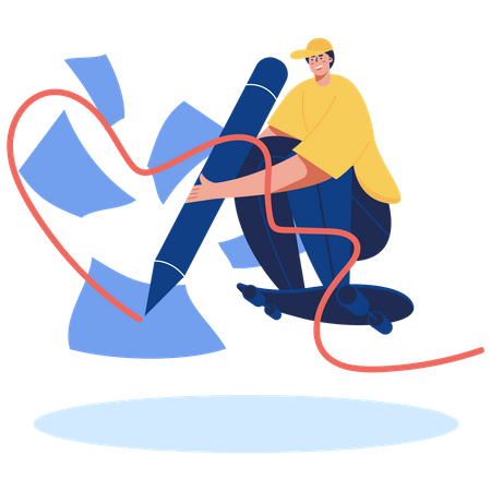 Homem praticando patinação e escrevendo artigo  Ilustração