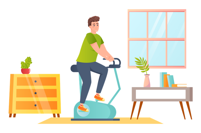 Homem andando de bicicleta dentro de casa fazendo exercício físico  Ilustração