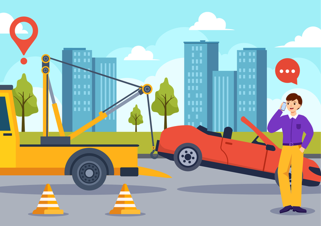 Homem pedindo carro de reboque automático  Ilustração