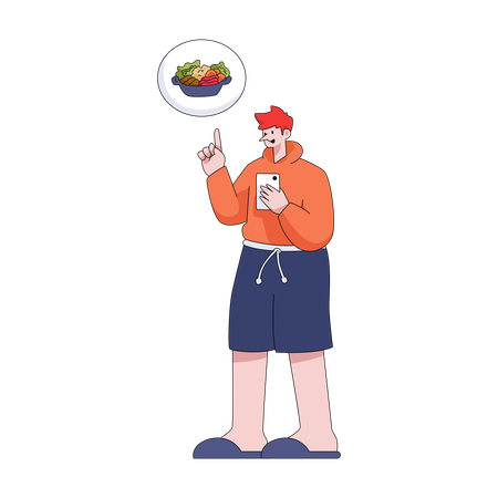 Homem pedindo comida no aplicativo on-line  Ilustração