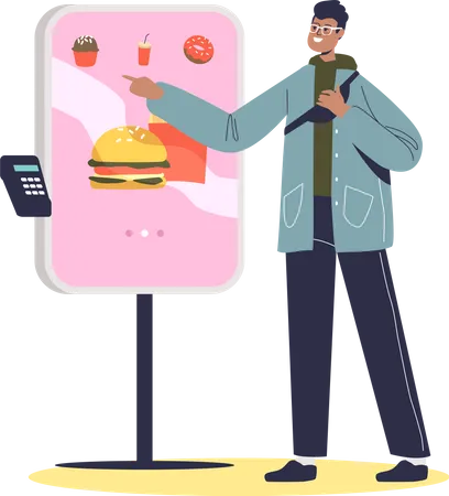 Homem pedindo fast food em quiosque on-line  Ilustração