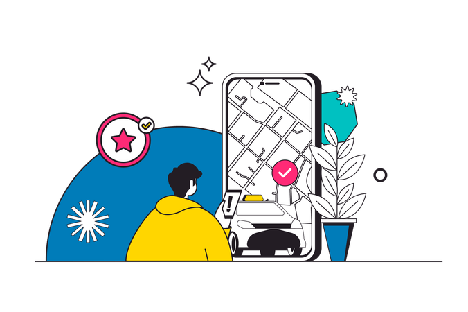 Homem pedindo táxi usando aplicativo móvel  Ilustração