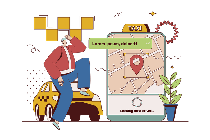 Homem solicitando transferência de carro e percorrendo sua rota no mapa on-line em aplicativo móvel  Ilustração