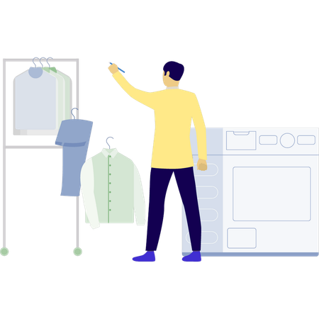 Homem pendurando roupas no cabide  Ilustração