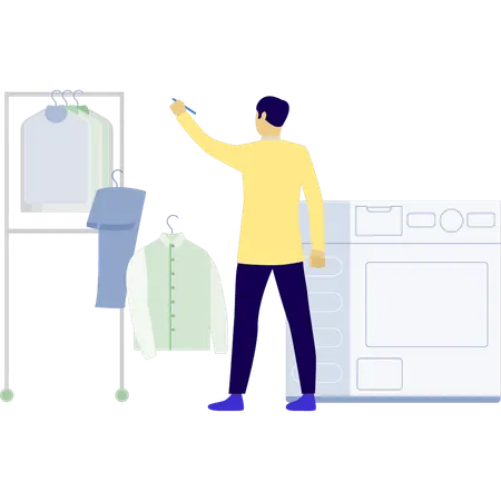 Homem pendurando roupas no cabide  Ilustração