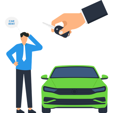 Homem pensando em alugar um carro  Ilustração