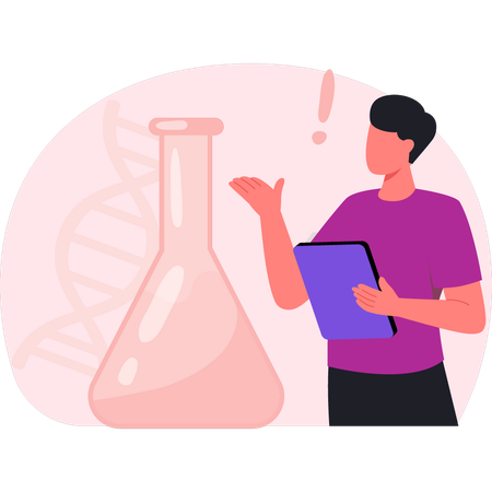 Homem pensando em pesquisar molécula de DNA  Ilustração