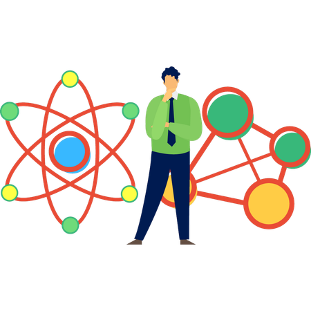 Homem pensando sobre estrutura molecular  Ilustração