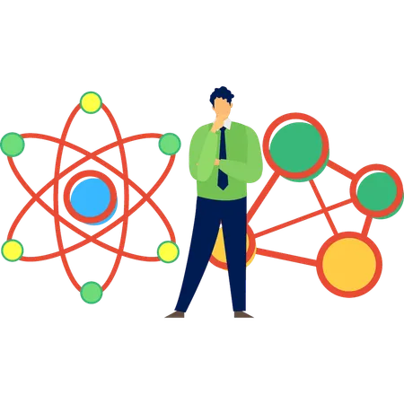 Homem pensando sobre estrutura molecular  Ilustração