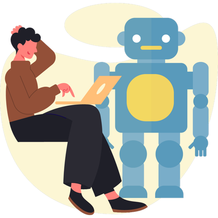 Homem pensando em trabalho com robô artificial  Ilustração